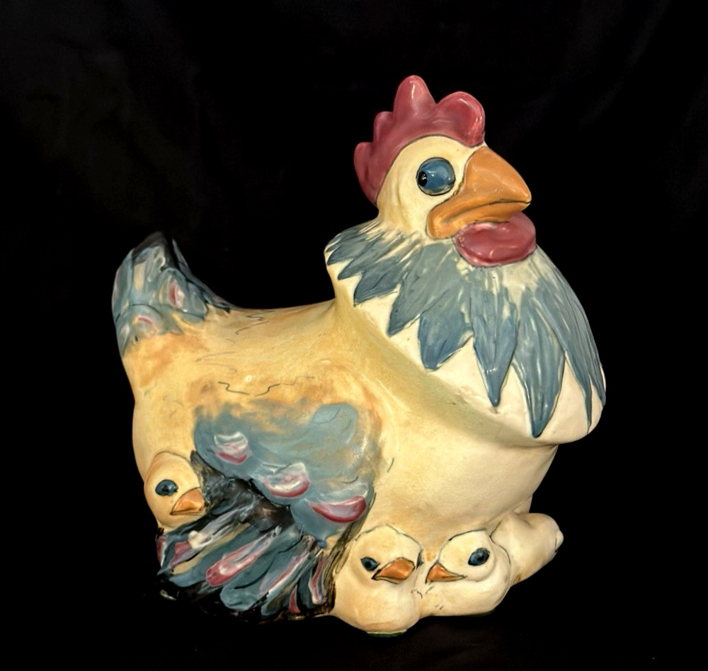 WELLER POTTERY GARDEN WARE HEN WITH 6 BABY CHICKS....GREAT COLORS SIGNED & RARE