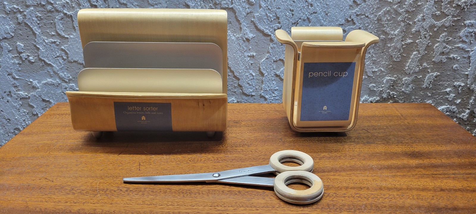 Michael Graves Bent Wood Office Desk Set  LETTER Sorter + Pencil Box + Sissors