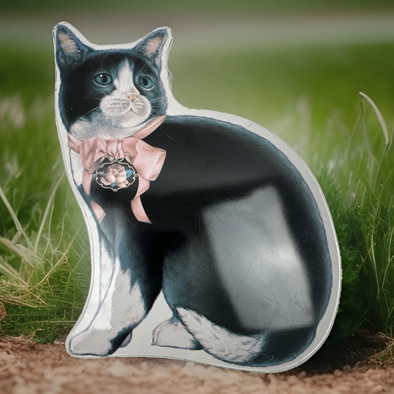 Vintage Cat Shaped Tin Black White Tuxedo Cat Bow Decorative Keepsake Box