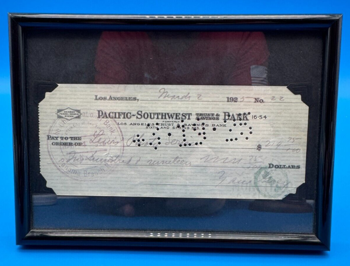 Zane Grey Autograph Signed Bank Check from 1925 Framed Riders of the Purple Sage