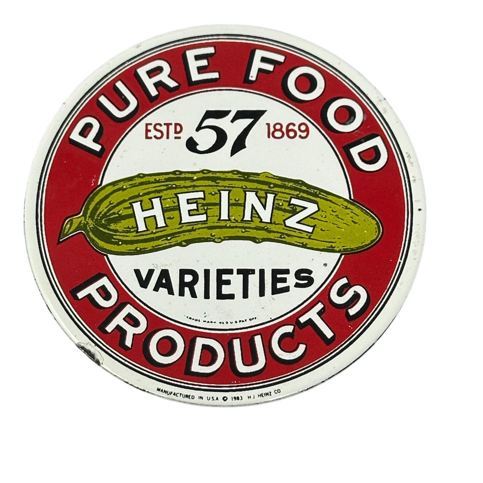 Heinz 57 Varieties Pure Food Products Metal Magnet Pickle Logo Vintage 1983 80s