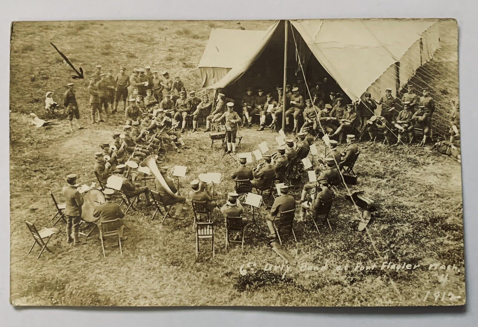 6th Army Band at Fort Flagler WA Washington 1912 Real Photo Postcard Army Tent
