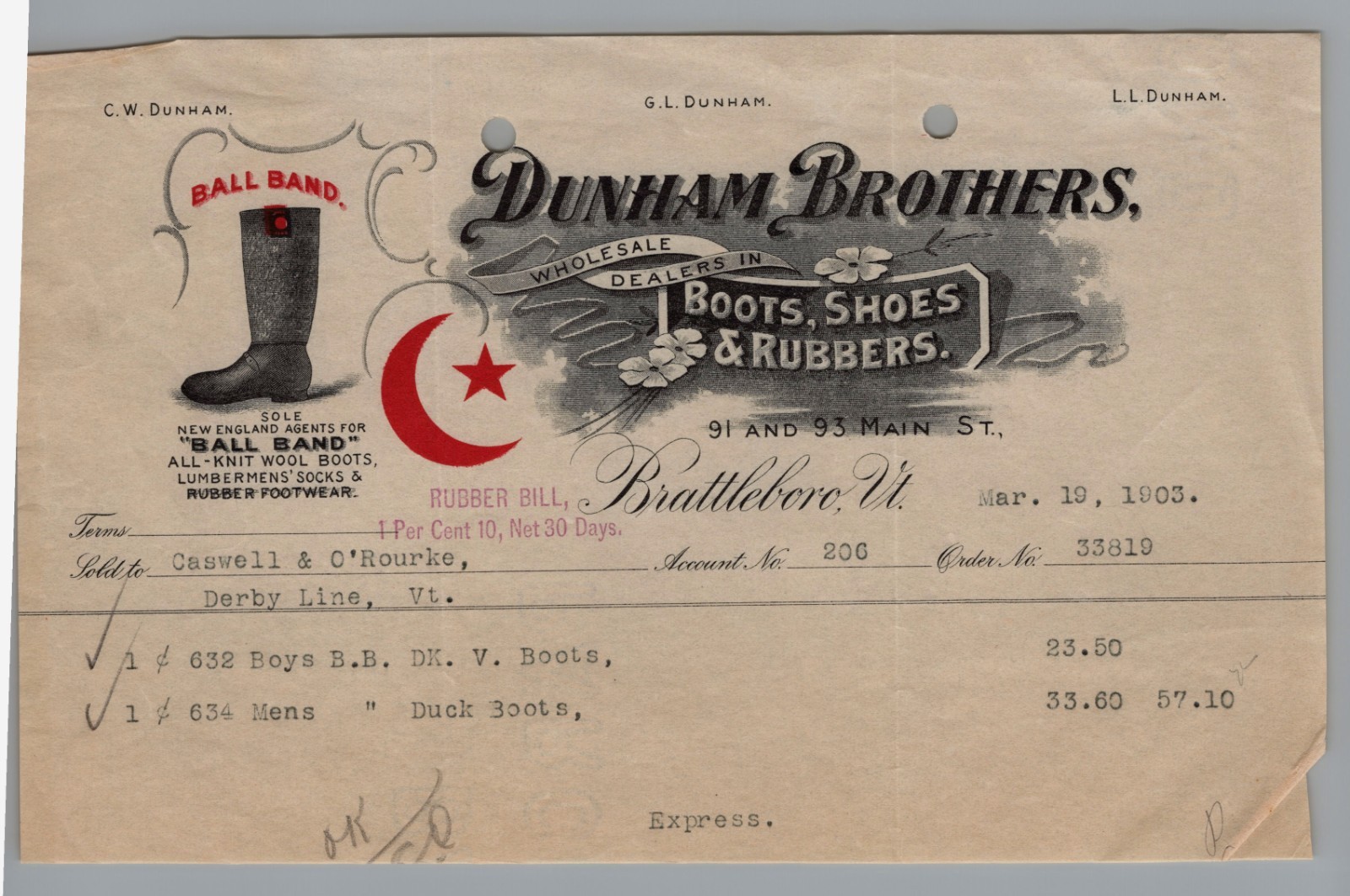 1903 Billhead  Dunham Brothers, Brattleboro, Vermont,  Boots Ephemera