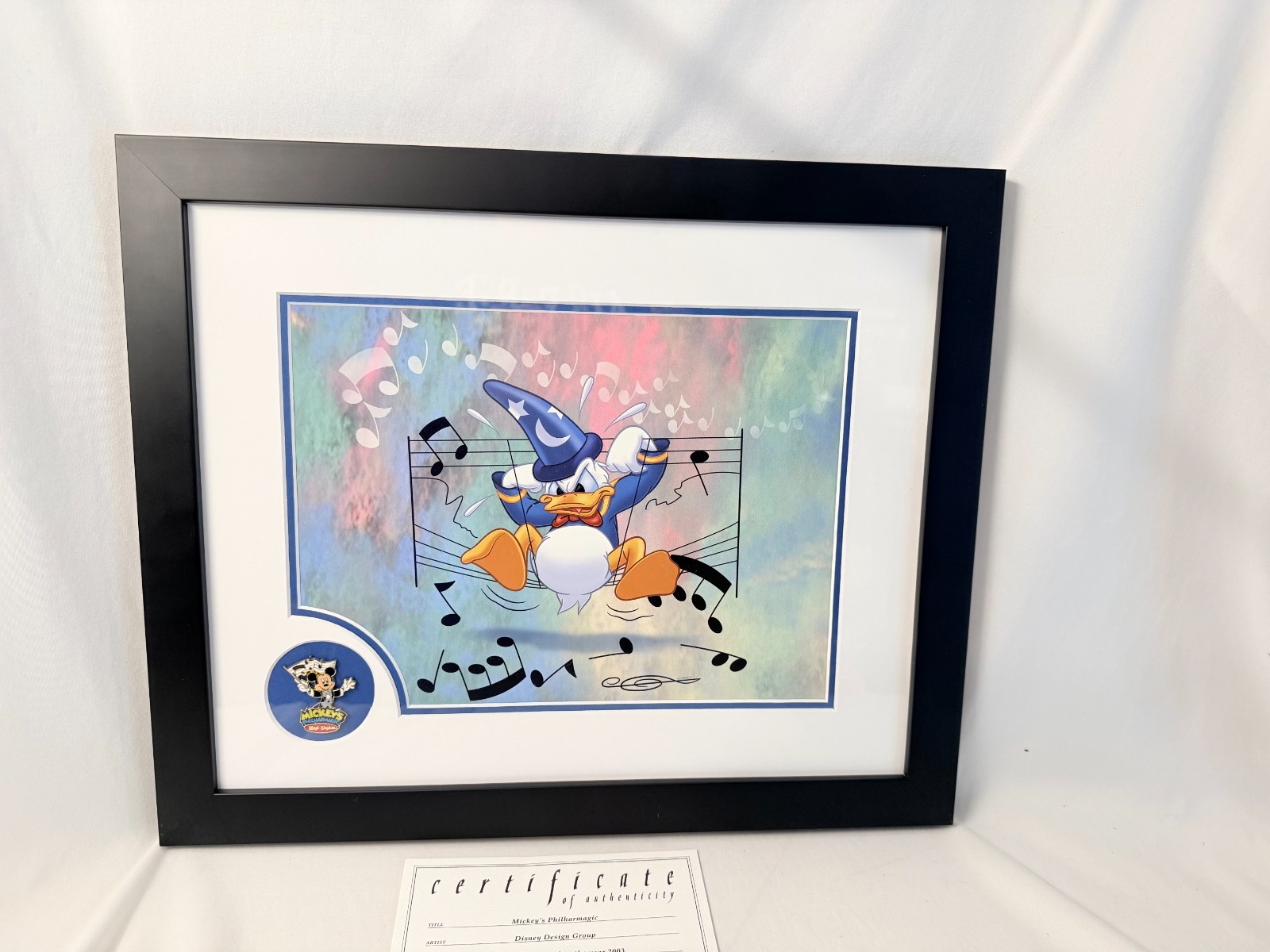 2003 Disney Mickey\'s Philharmagic Framed Donald Duck Print Pin & Certificate