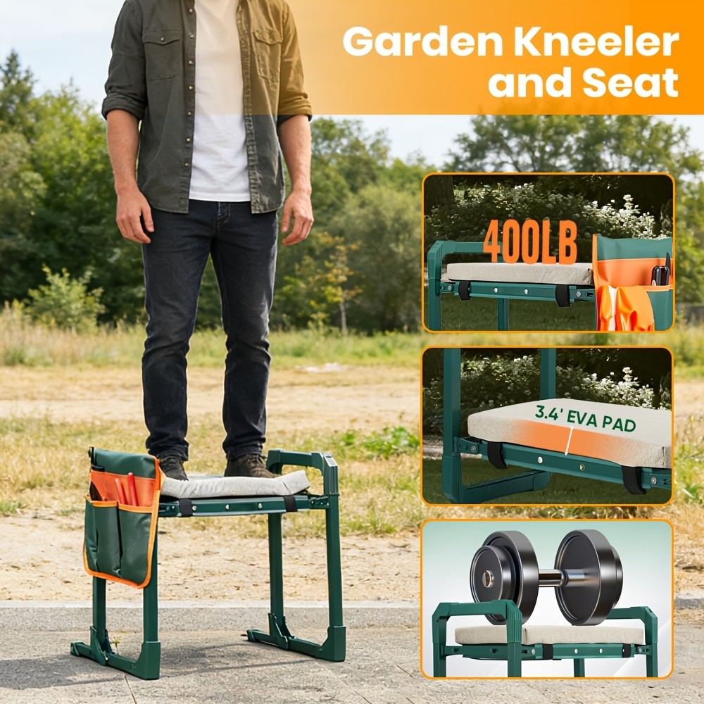 AUXTUR Foldable Garden Kneeler Seat | Dual-Use Kneeling Stool with Tool Pouch, M