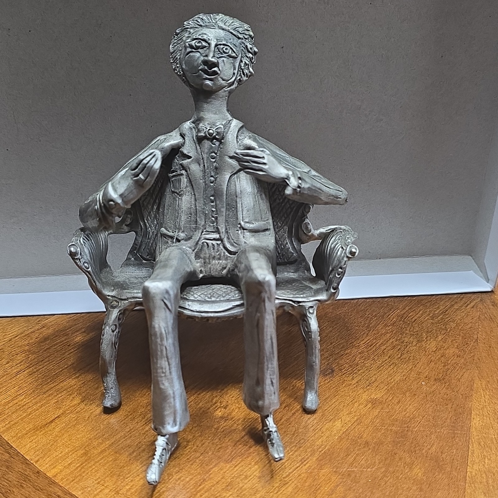 DRUMM Signed Metal Figurine Sculpture Man Seated on Ornate Bench, Silver