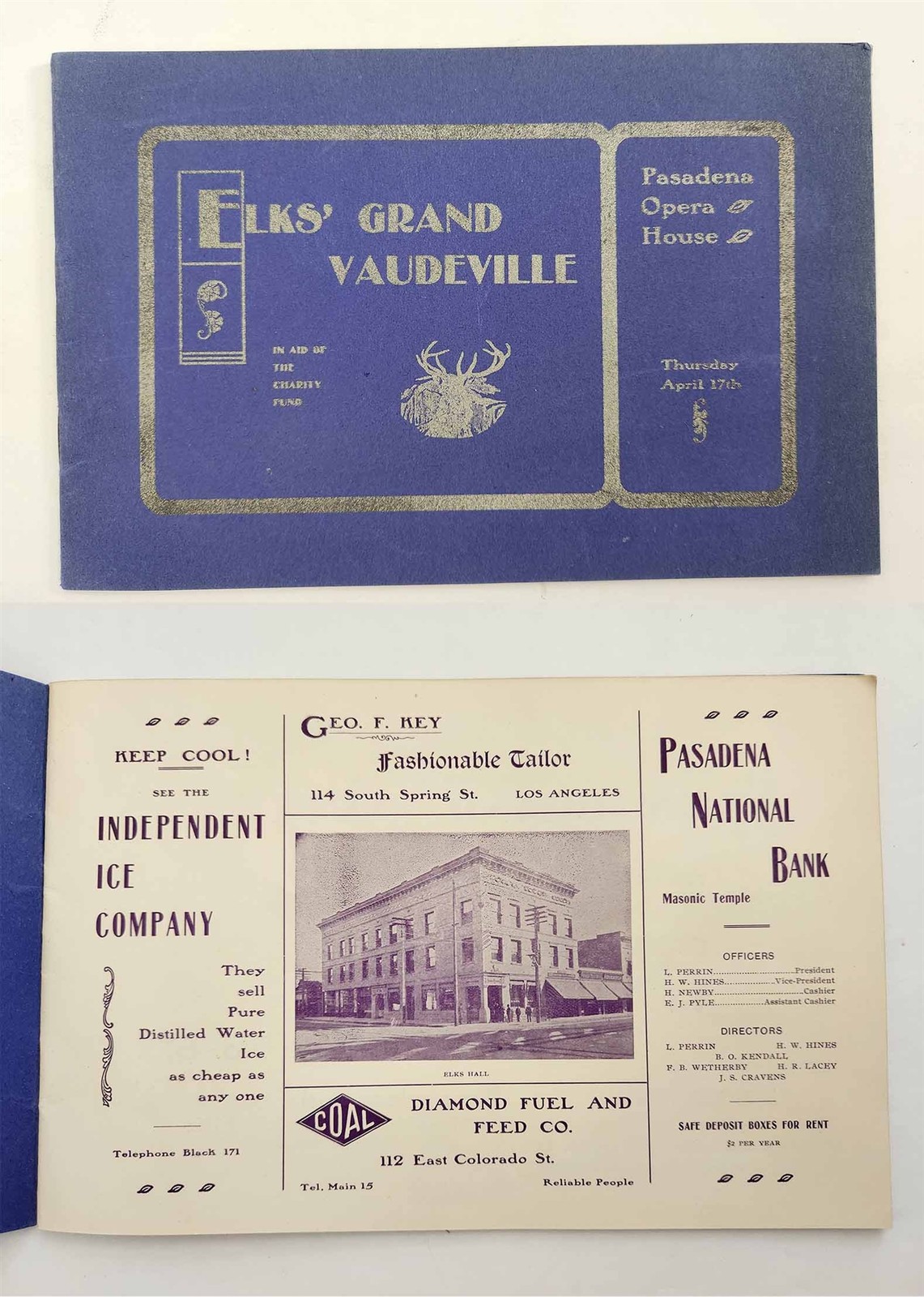 1902 antique ELKS VAUDEVILLE PROGRAM pasadena ca GRAND OPERA HOUSE ads