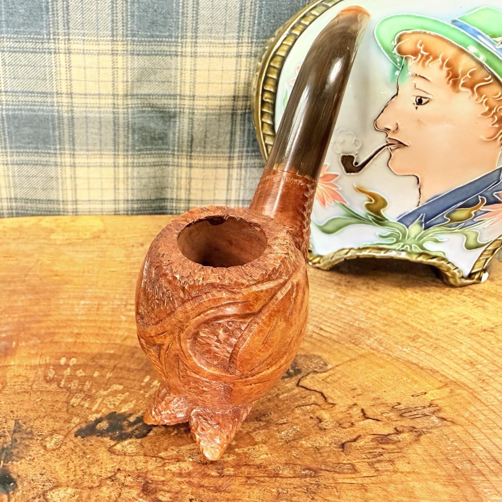 UNSMOKED Vintage XL Carved FORKED REPTILE TONGUE Hold Bowl HORN STEM Estate Pipe