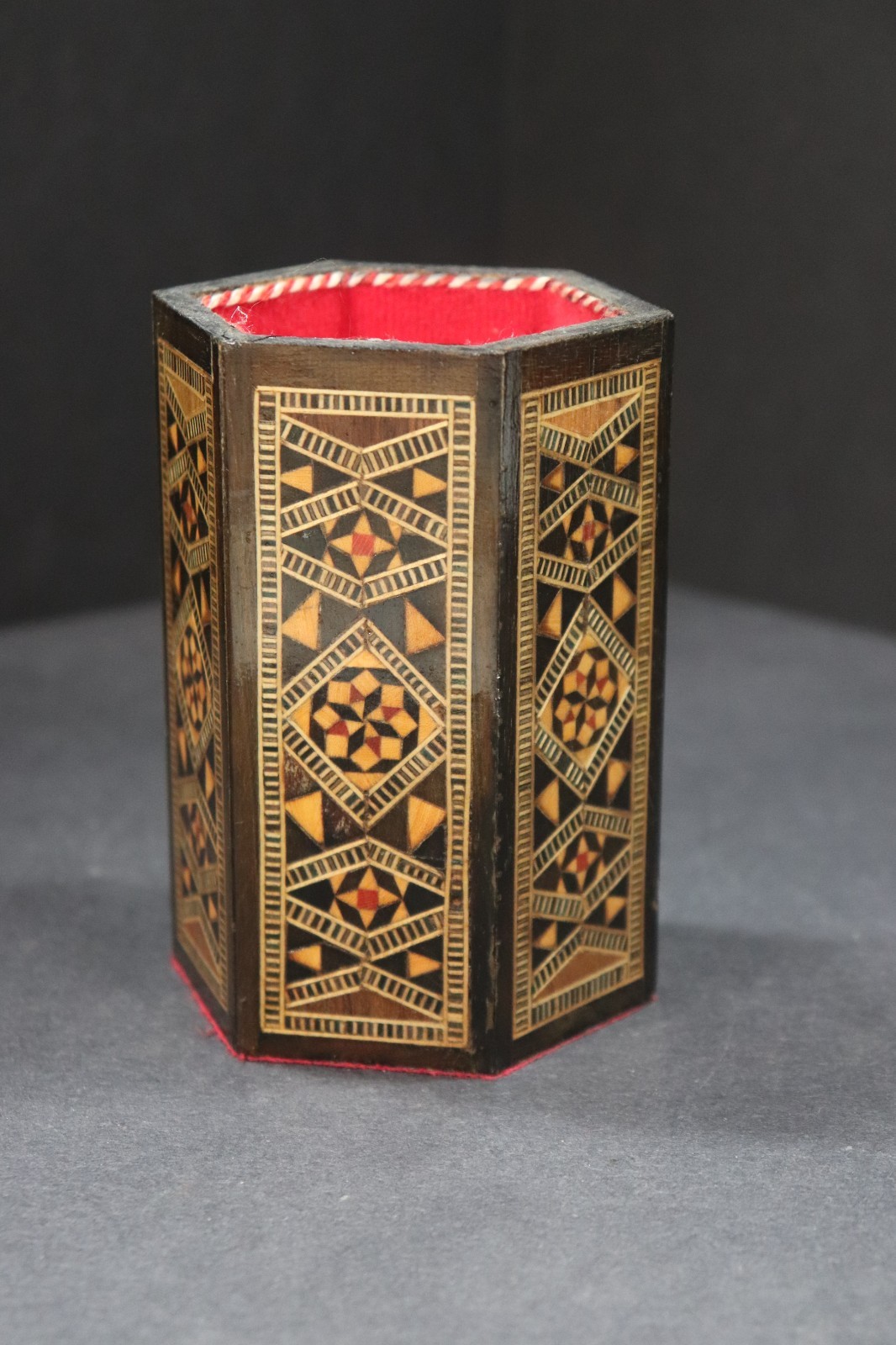 VTG Syrian Marquetry Wood Mosaic Dice Cup Hexagon Felt Lined DnD TTRPG Inlay ff