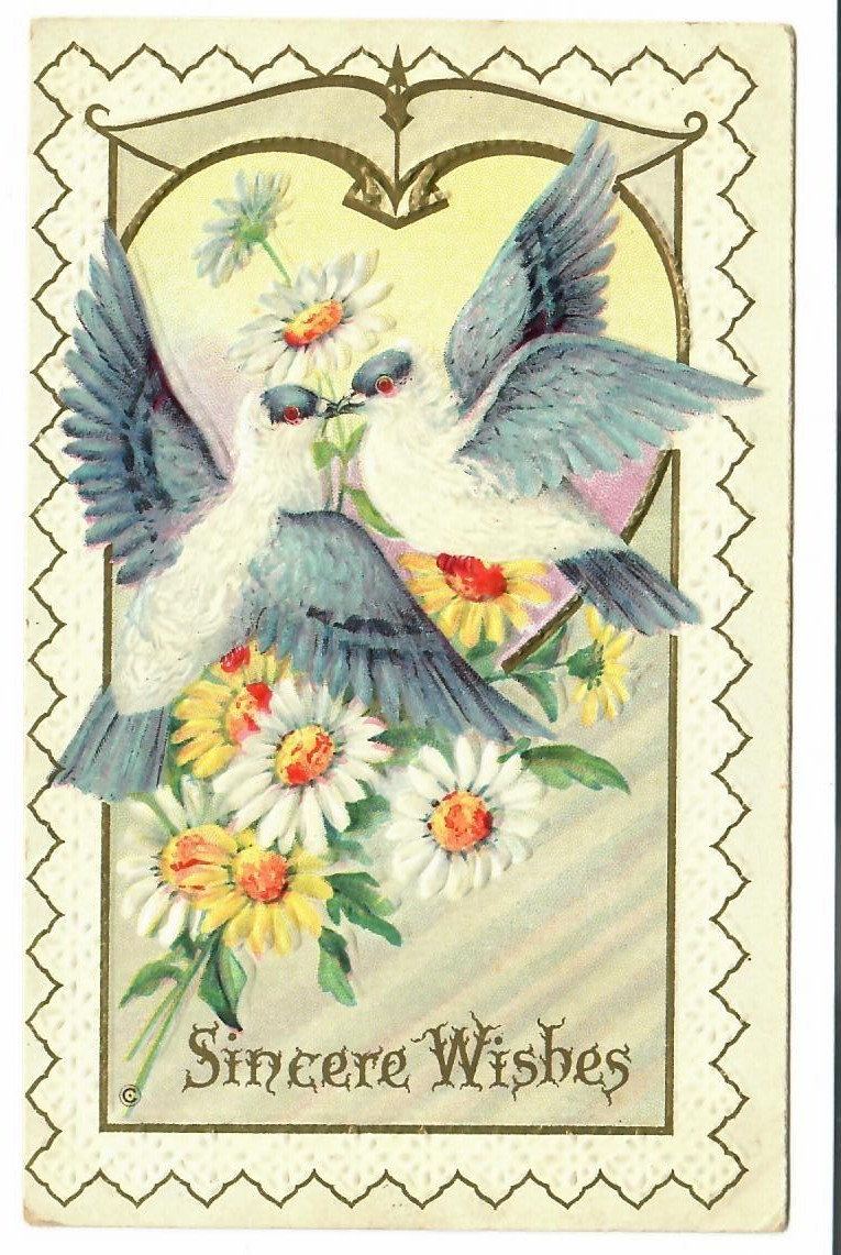 Antique Embossed Sincere Wishes Postcard Doves Flowers To Emma Flora