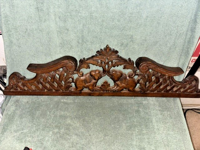 Vintage Hand Carved Wooden Pediment Featuring Paired Elephants 36
