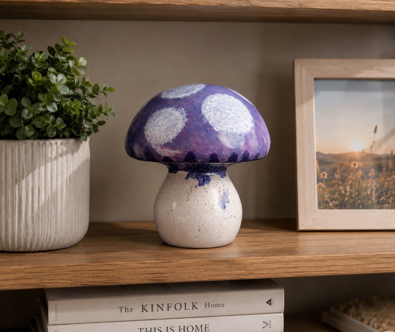 Mushroom Shaped Glass Paperweight Lavender Purple with White Gray Dots 5.5”