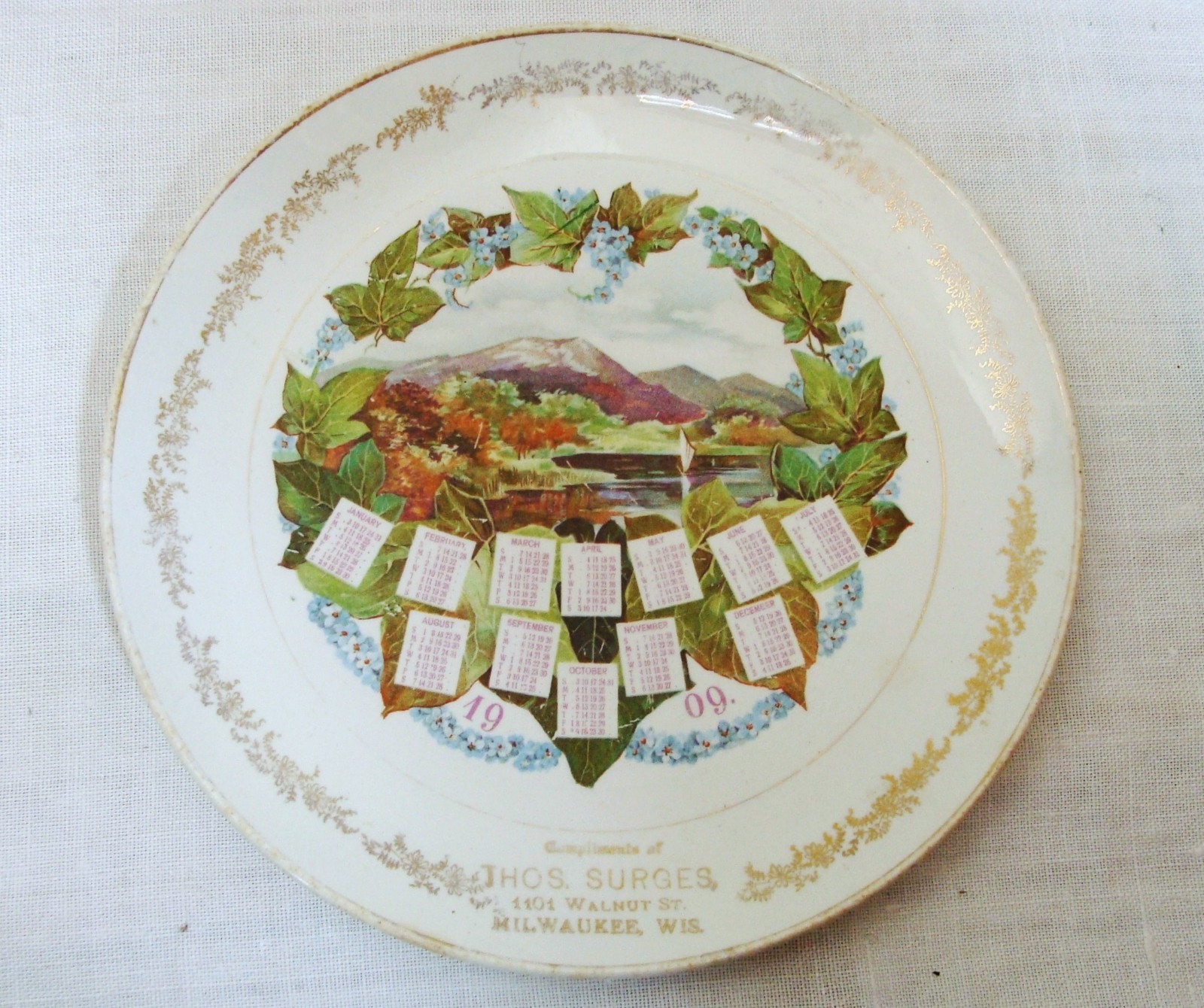 Vintage Antique 1909 Calendar Plate - Milwaukee Wisconsin