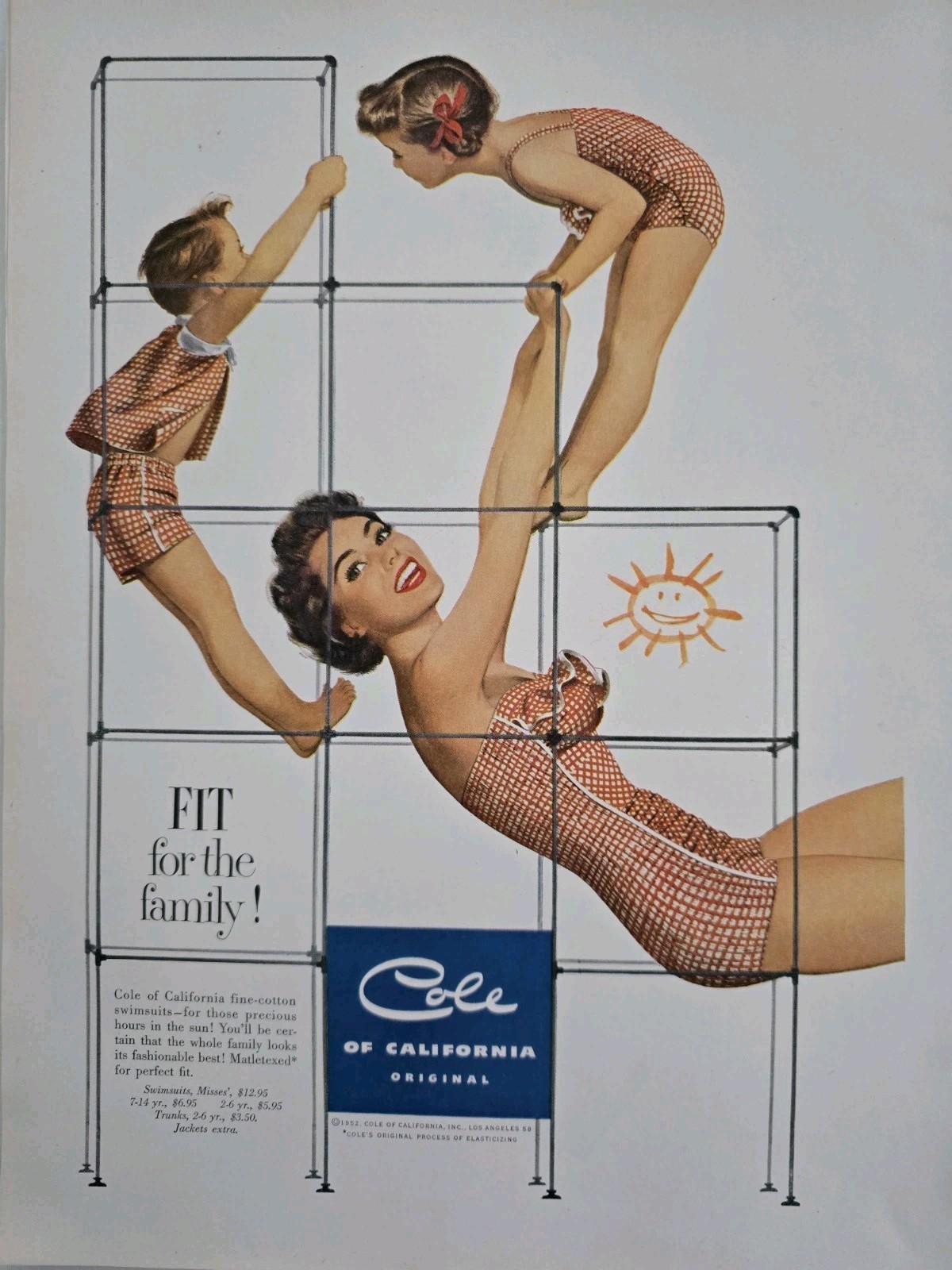 1952 Cole Of California Women's Girls Boys Red plaid cotton swimsuit Vintage Ad