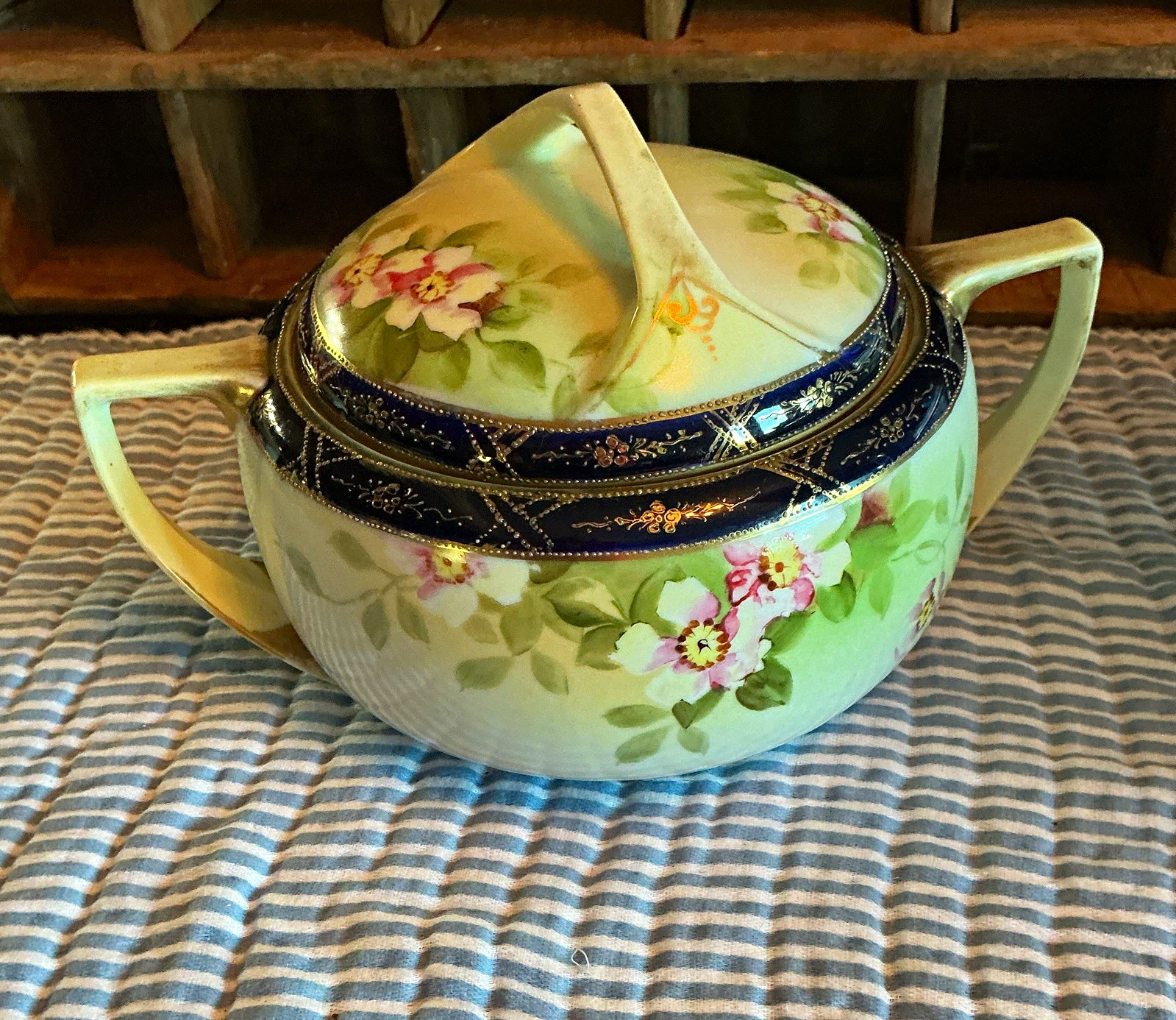 Antique Nippon Morimura Biscuit Jar Cobalt Gold Moriage Pink Flowers 1911-1921