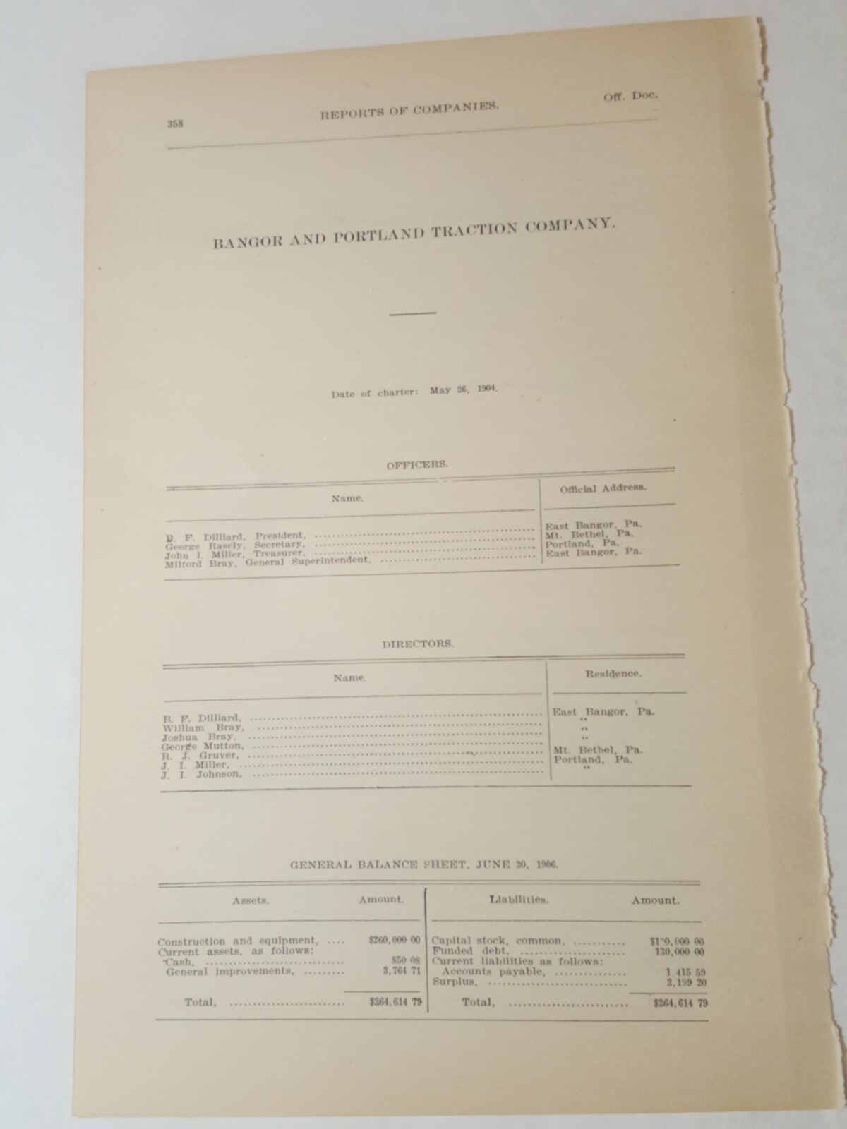 1906 trolley document BANGOR & PORTLAND TRACTION CO. Pennsylvania streetcar 