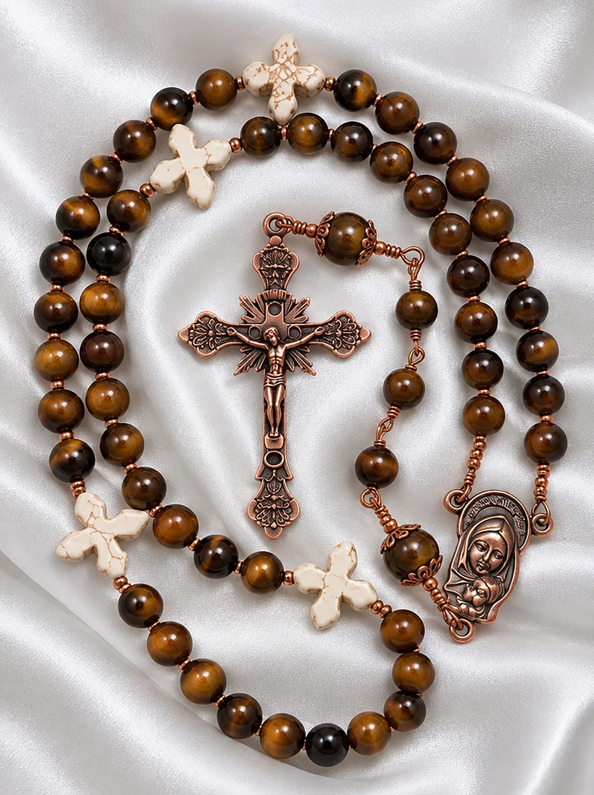 Handmade Catholic Rosary, Tiger Eye Beads and Copper Crucifix