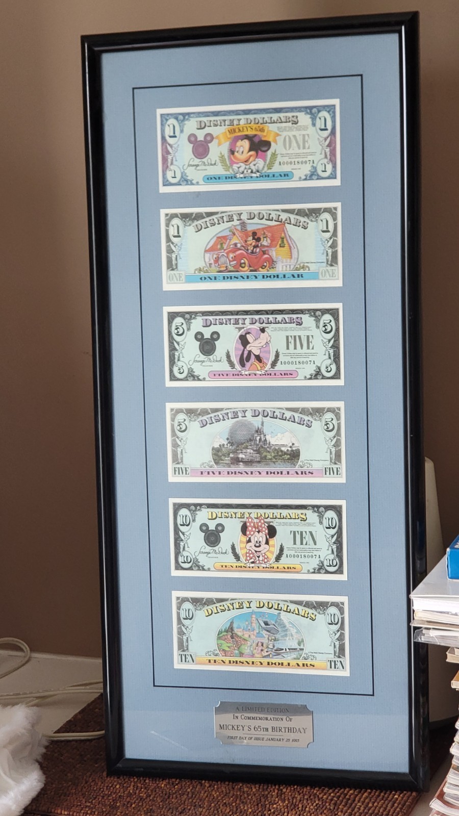Framed 1993 Limited Edition DISNEY DOLLAR Set ~Mickey\'s 65th Birthday~ FDOI NICE