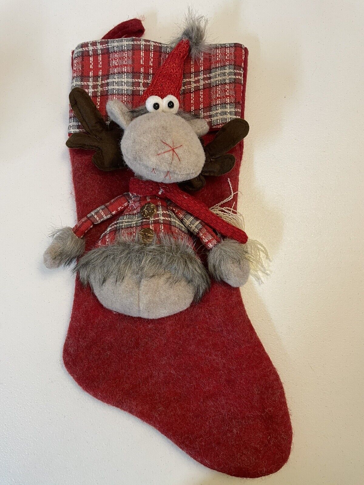 Whimsical 18” Plaid 3D Plush Moose Reindeer Hat Scarf Fur Christmas Stocking FUN