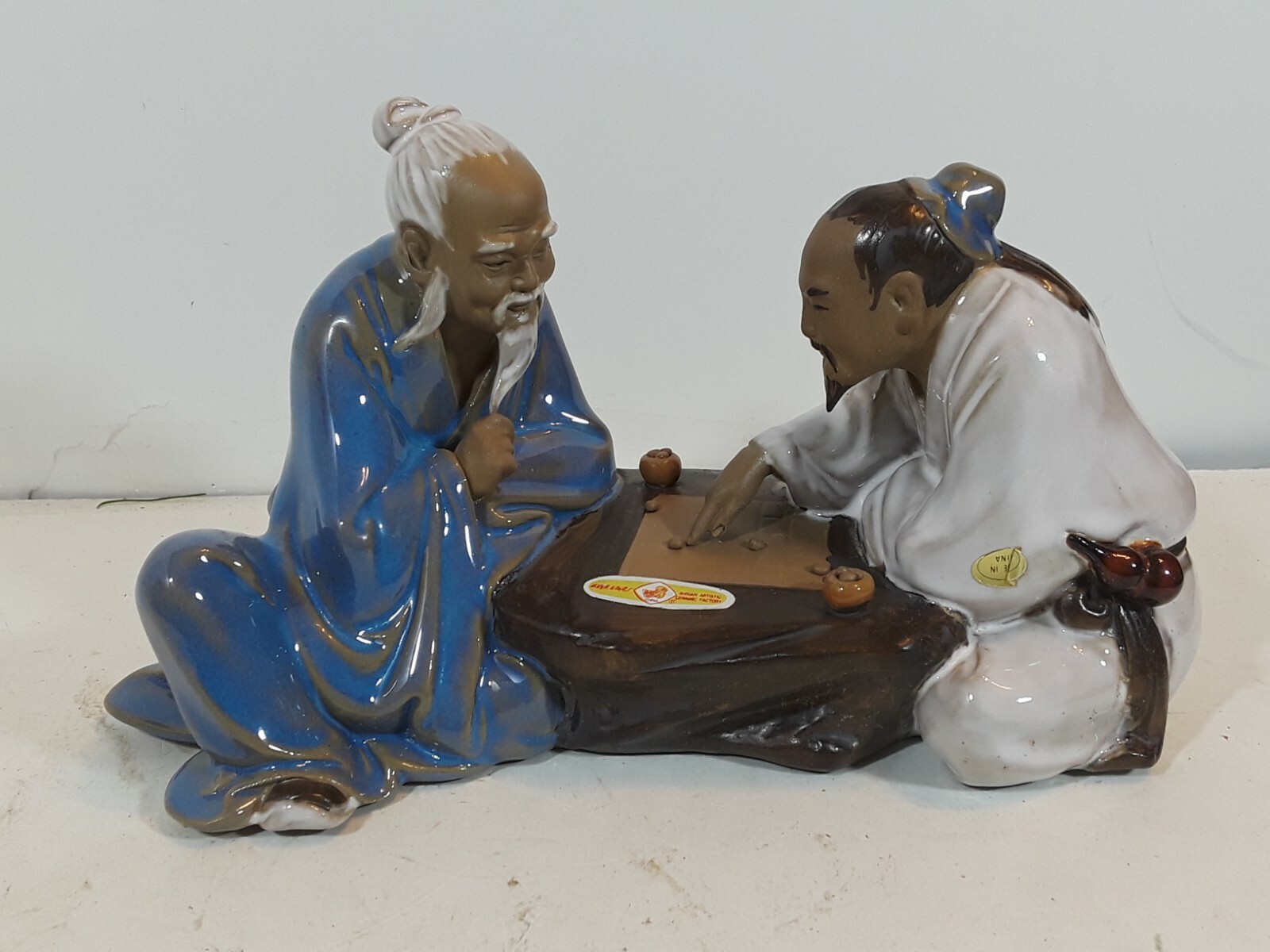 Vintage 1992 Ceramic Two Chinese Men Playing Checkers 9 X 5 Inch Long, Preowned 