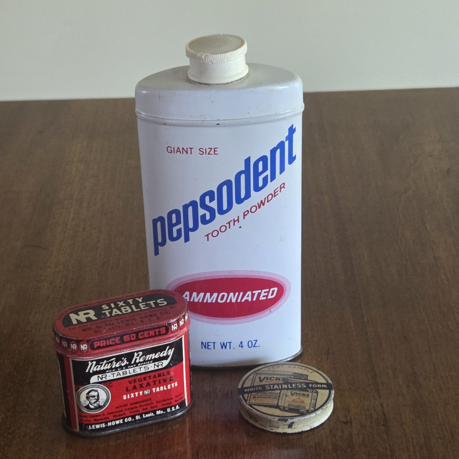 Vtg Lot of 3 Vick\'s Sample Tin, Nature\'s Remedy Tin, Pesodent Tooth Powder Tin