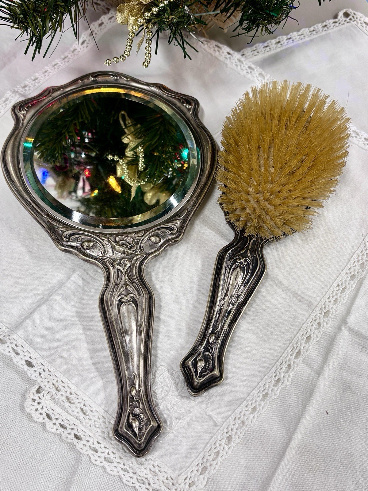 Antique Art Nouveau German Silver Vanity Set Hand Mirror & Hairbrush, Monogram.