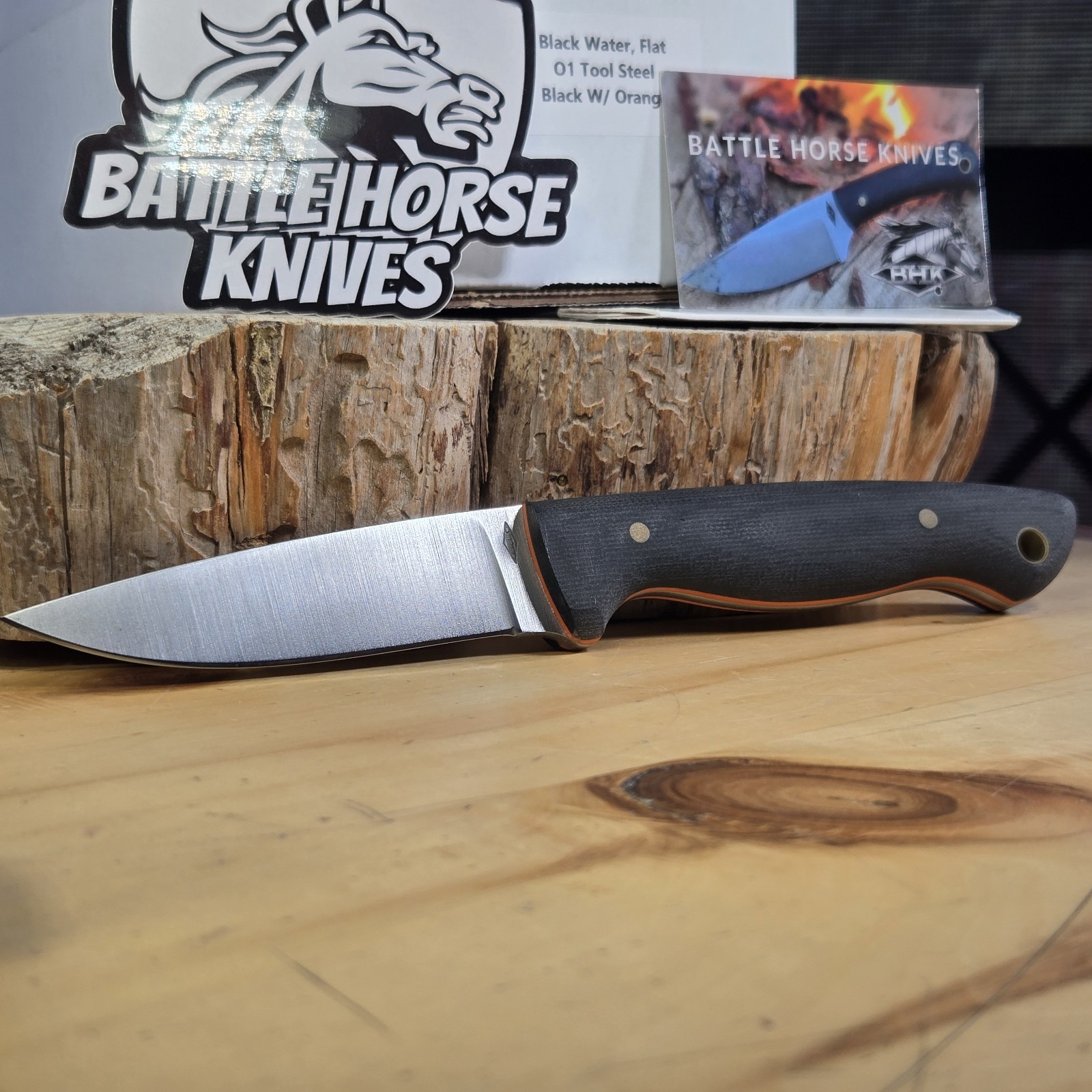 Battle Horse Knives BLACK WATER Flat Orange Liners Black Micarta Handle NEW