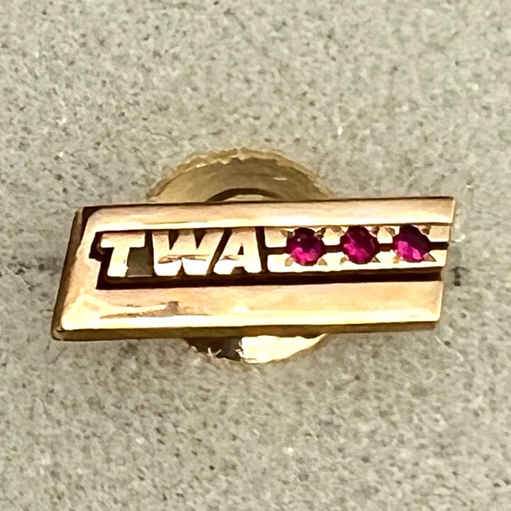 Rare Vintage TWA Airlines 30 Year Service Award Pin 3 Rubies 1/10 10K GF cTo