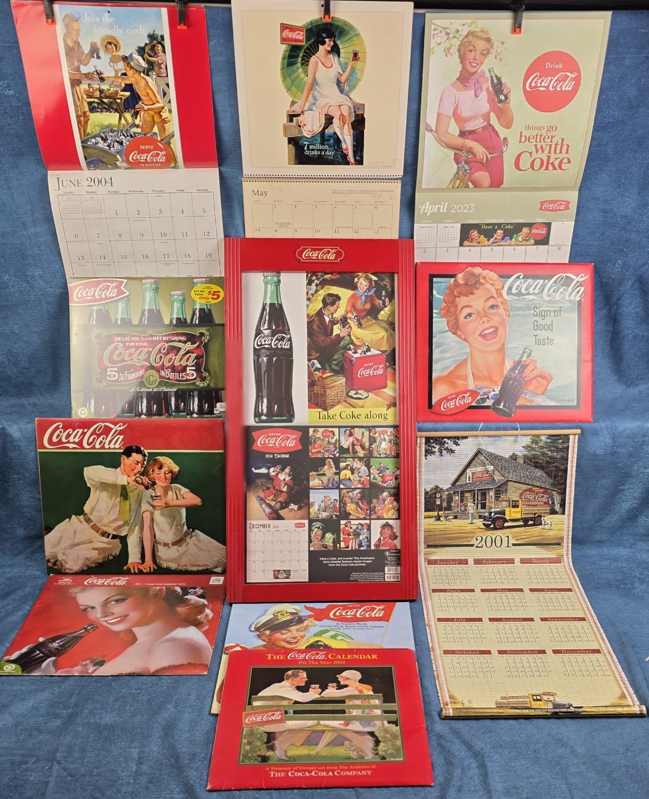 VTG Coca Cola Red Wood Calendar Frame Lot + 17 Archive Wall Calendars