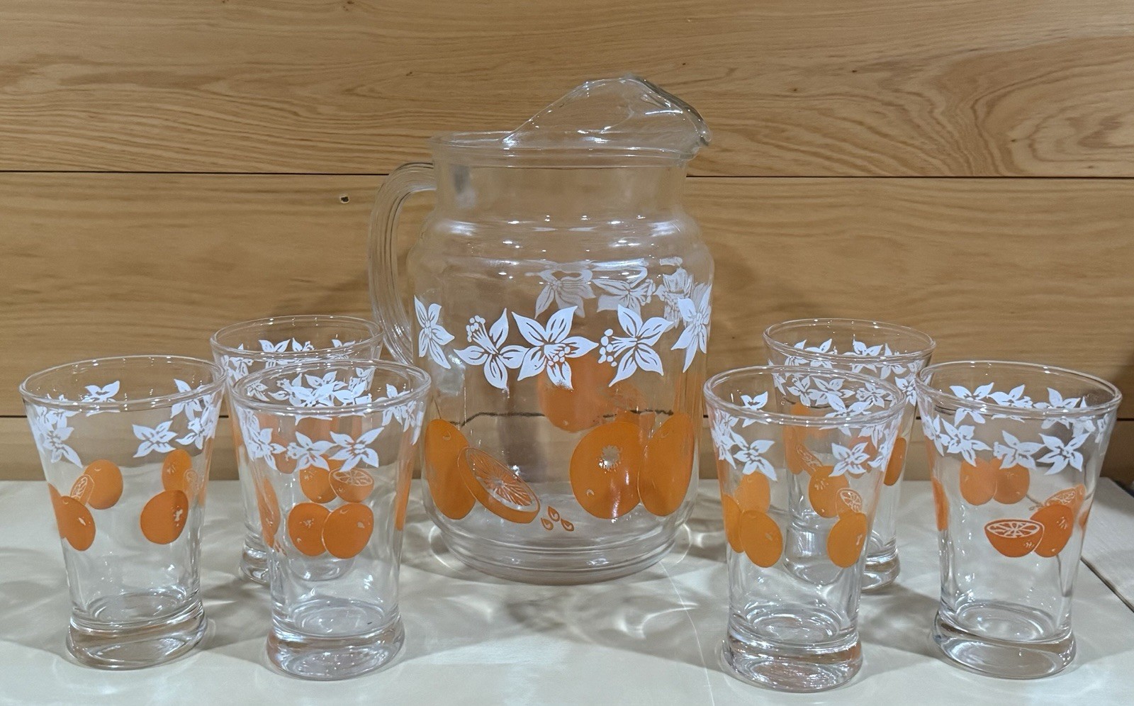 VTG 1950s Federal Glass Orange Blossom Juice Pitcher Set & 6 Glasses MCM Citrus