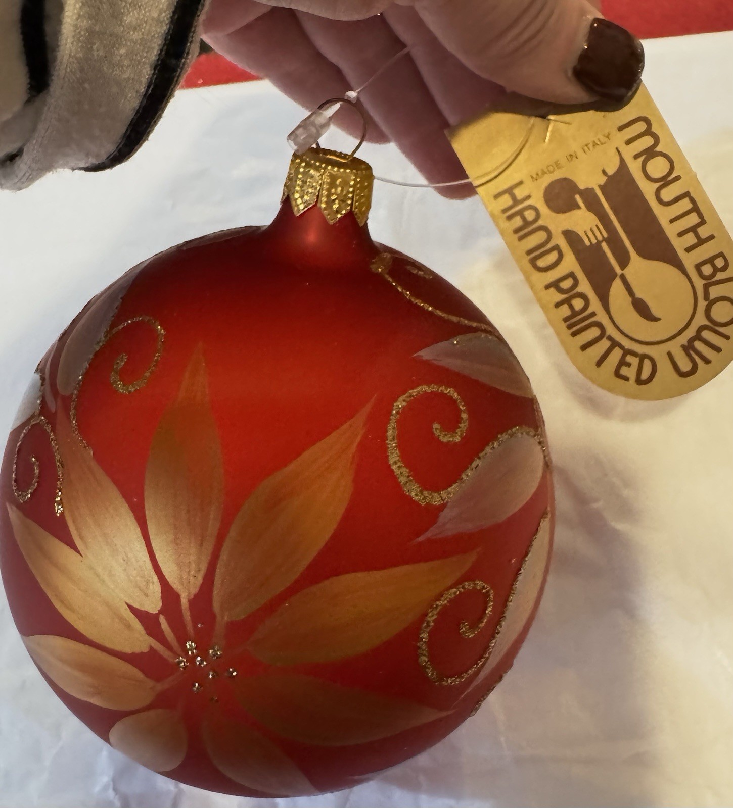 Italian Blown Glass Christmas Ornament Red Gold Hand Painted 4.25” With Tag