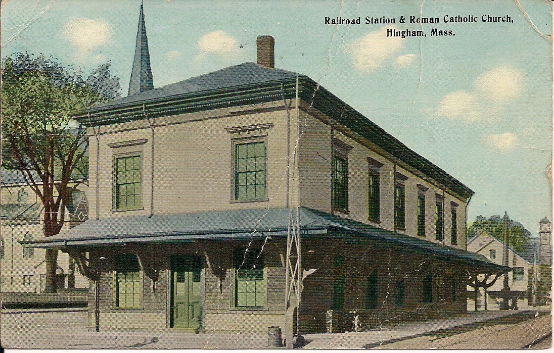 Hingham MA RR Station, Train Depot, Railroad 1914 Church, HURT CARD Hingham MA RR Station, Train Depot, Railroad 1914 Church, HURT CARD