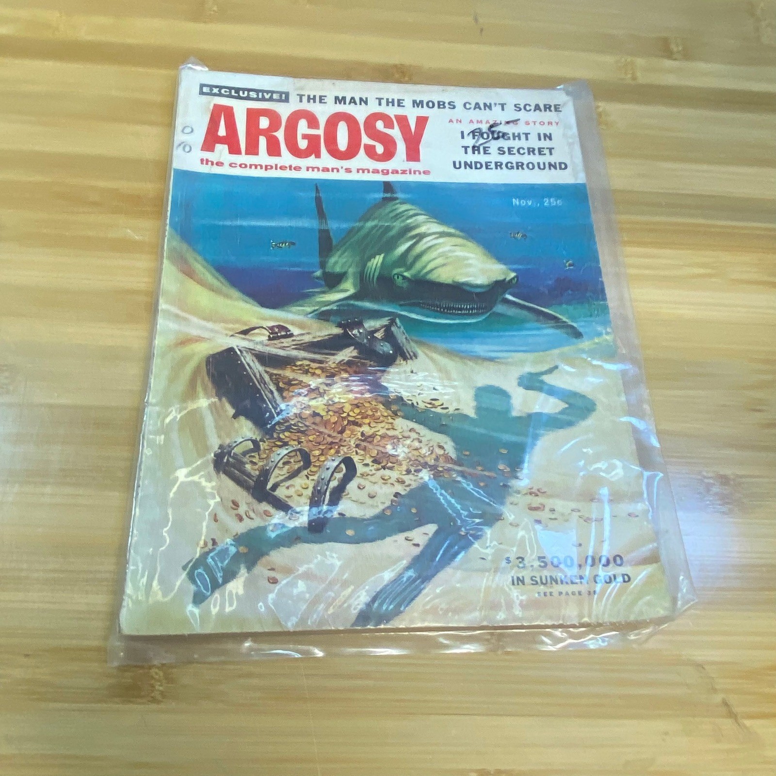 Argosy Magazine Vintage November Shark Diver Cover Sunken Gold Adventure Pulp