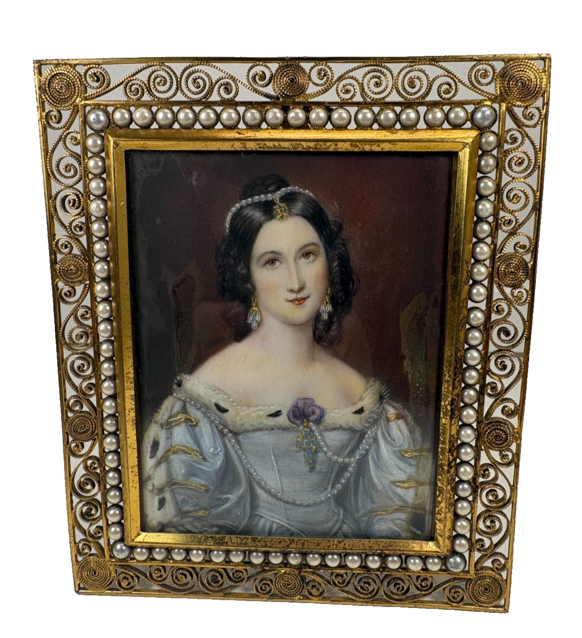 Antique Charlotte von Hagn Hand Painted Portrait Gilt Filigree Picture Frame