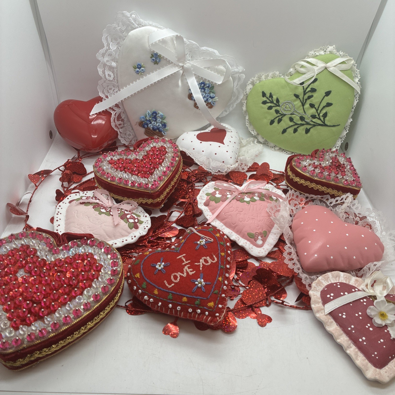Vintage Lot Of 12Hand Made Valentines Hearts And Decor