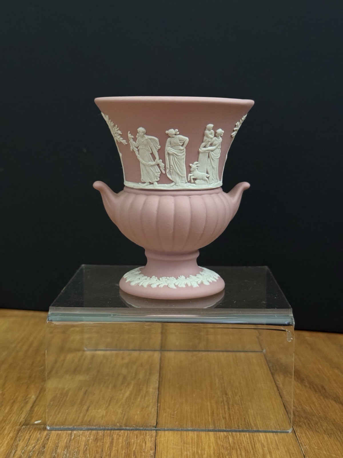 Wedgwood England Jasperware Small Pink Double Handled Vase Urn 3.5in ~ Rare Wedgwood England Jasperware Small Pink Double Handled Vase Urn 3.5in ~ Rare
