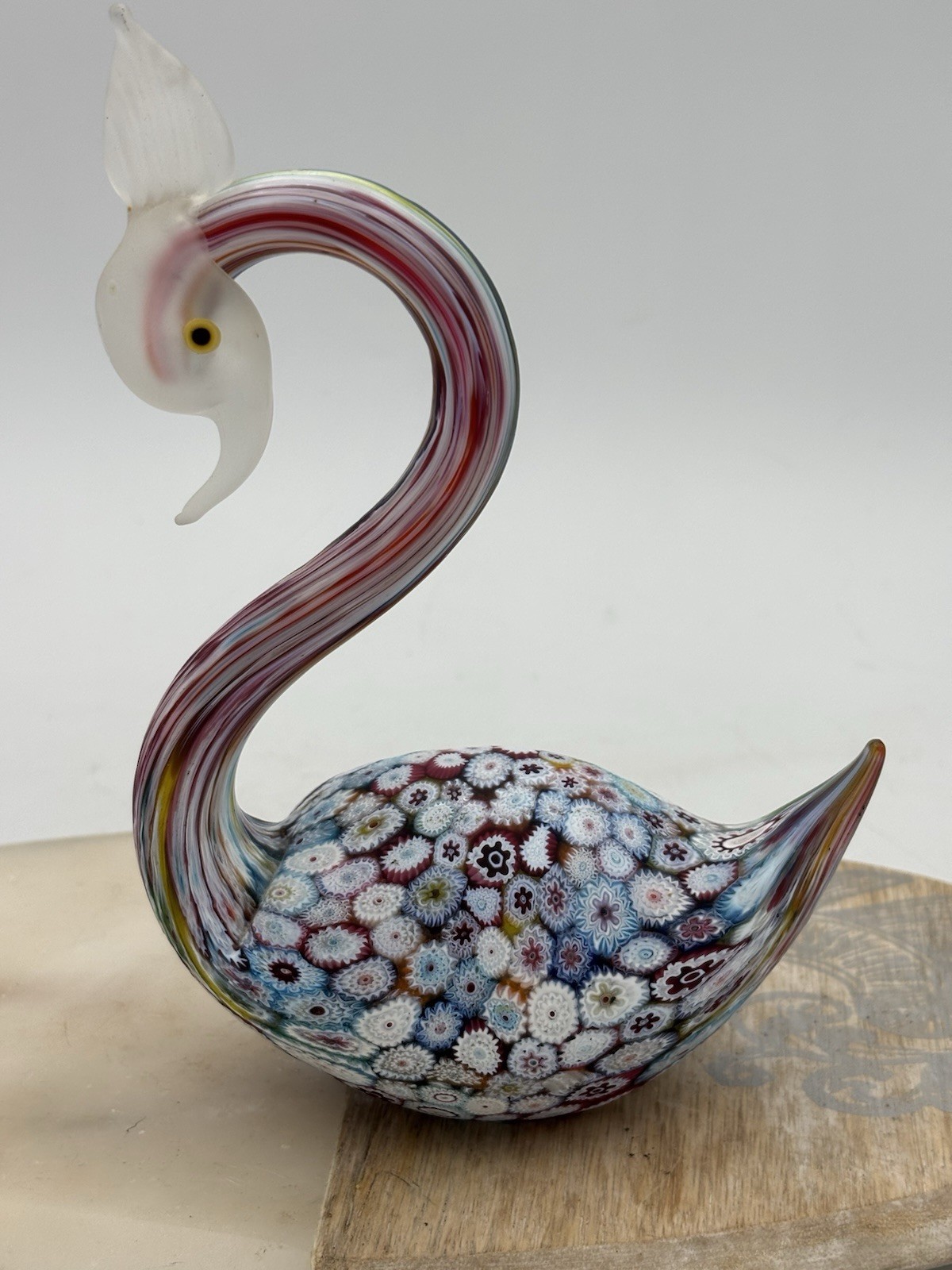 Vintage Murano Millefiori Glass Swan Figurine Satin Matte Italy 1950s Labeled