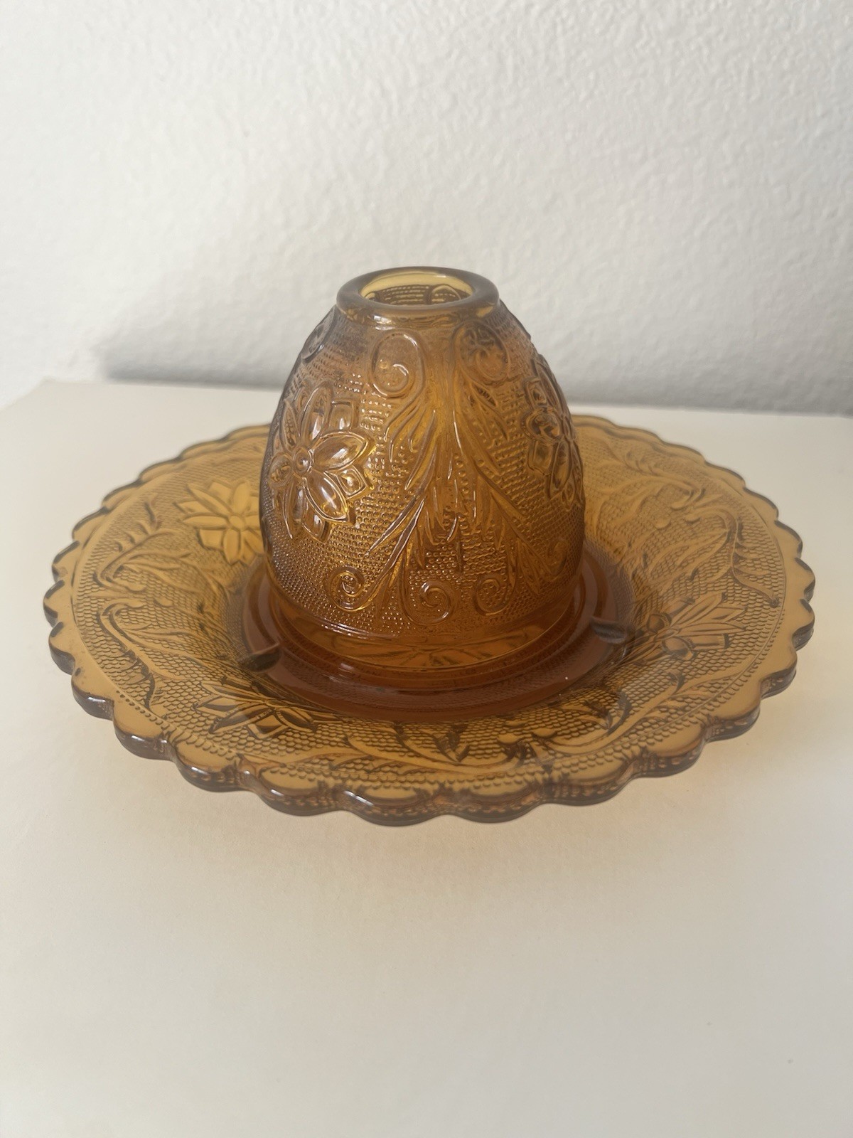 Vintage two-piece Indiana glass tiara fairy lamp, Amber, sandwich pattern