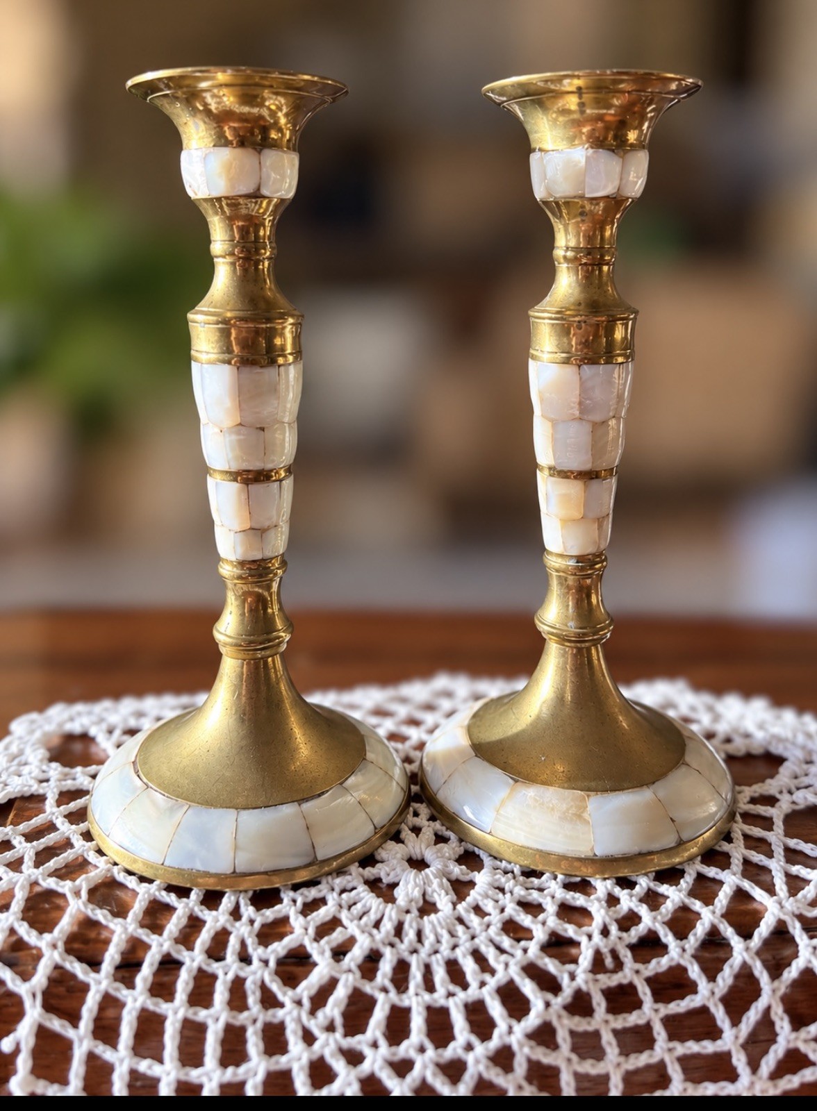 Vintage Pair Brass & Mother of Pearl Candle Stick Holders Decor 6\