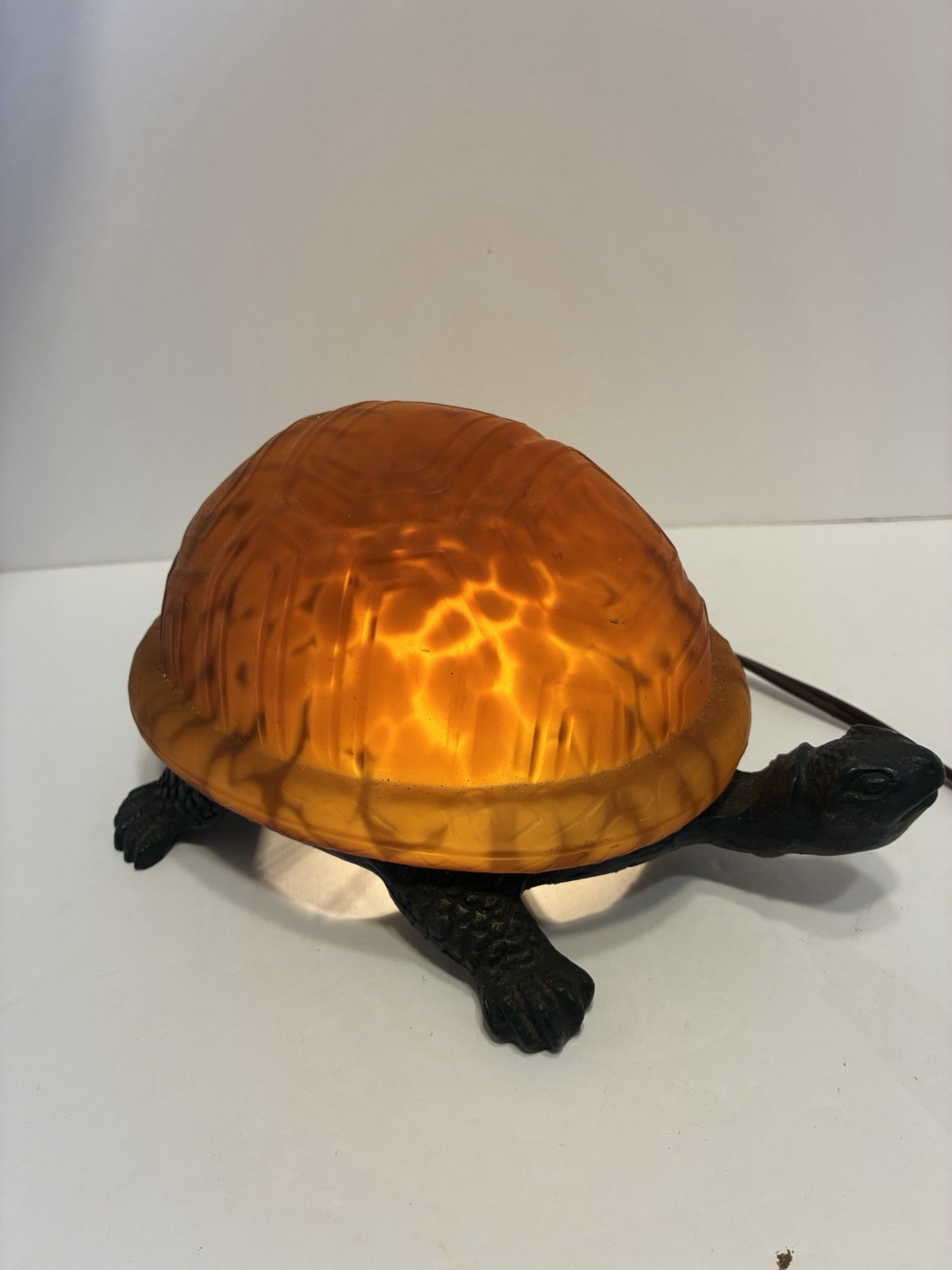 Vintage Glass Turtle Accent Lamp Amber/Orange Tortoise Shell Metal Base