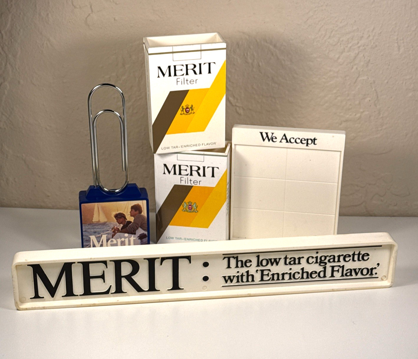 Vintage Lot MERIT Cigarette Advertising Items Hard Plastic Display Boxes & Signs