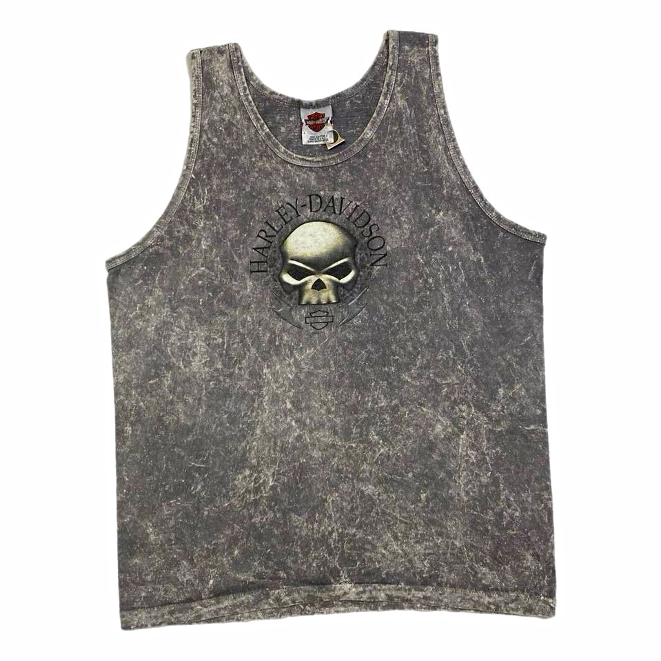 Vintage Y2K Harley Davidson Skull Cyber Grunge Stone Wash Graphic Tanktop Grey L