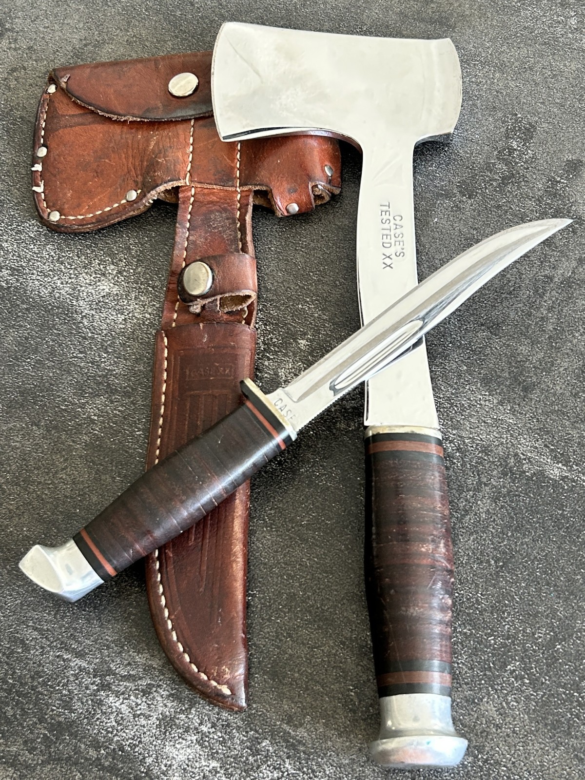 Vtg 1930s Case’s Tested XX Hatchet Knife Combo Set Stacked Leather Handle Sheath
