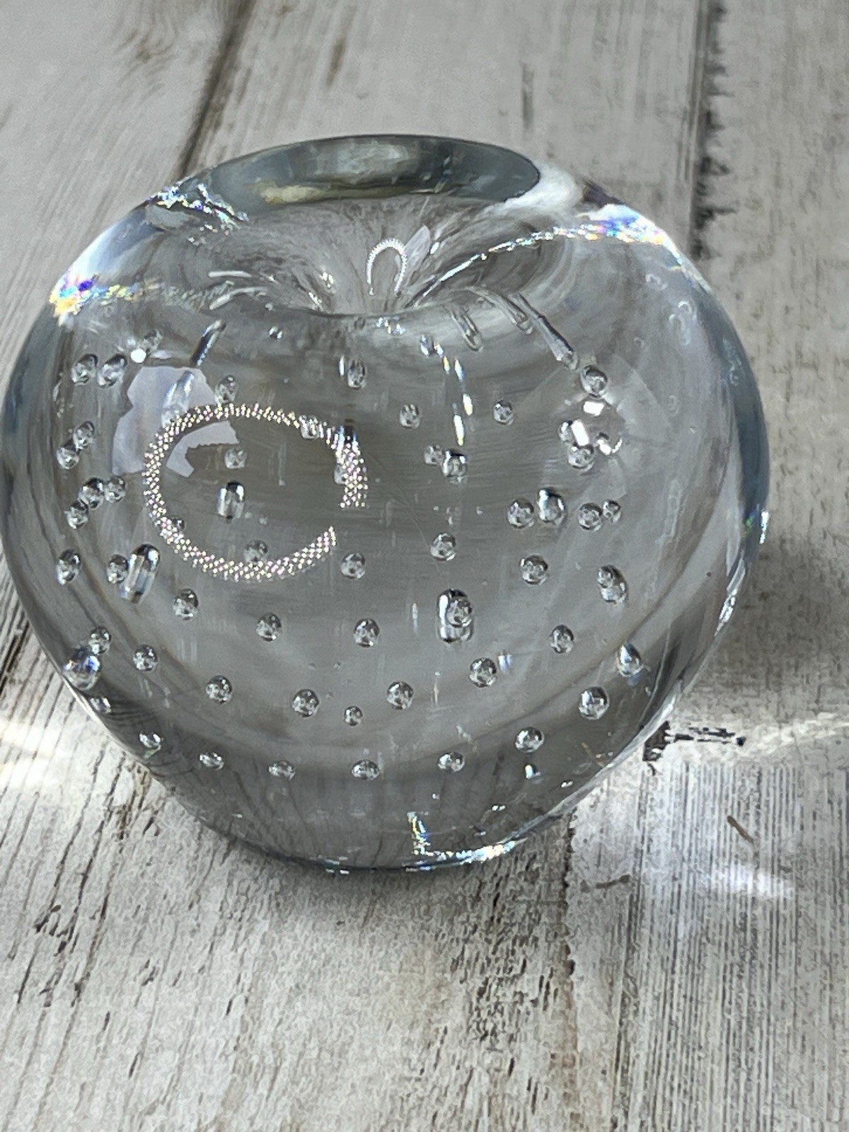 Clear Glass Apple Paperweight w Controlled Bubbles No Stem Polished Bottom