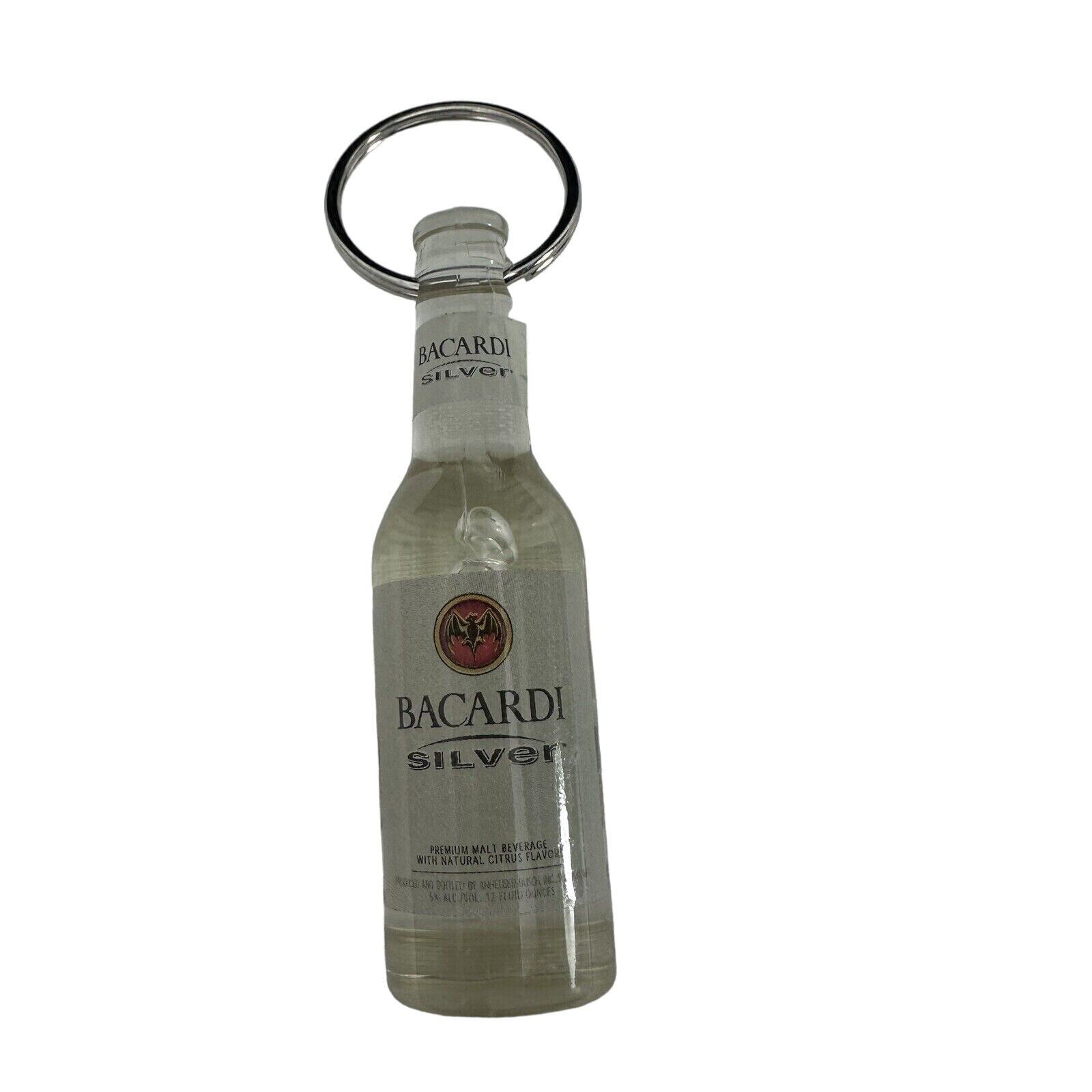 Bacardi Silver Clear Plastic Bottle Key Chain Can Bottle Opener 3” Tall Vintage
