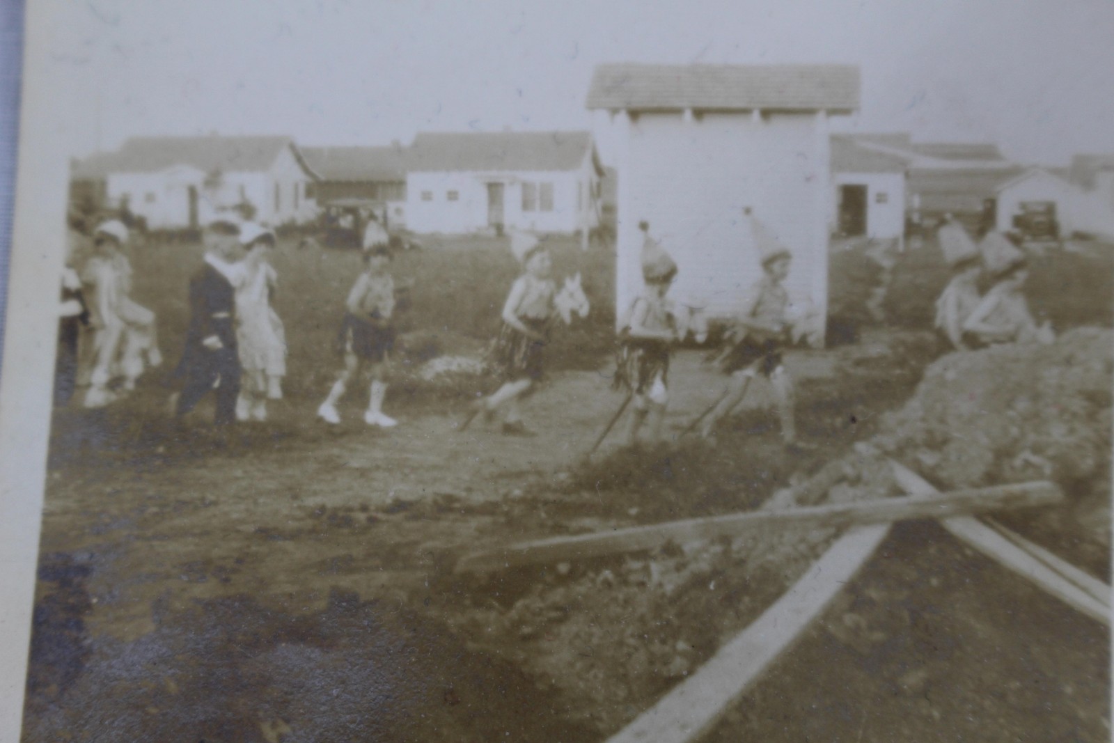 Vtg 1927 Sepia Snapshot Photo Children Halloween Costume Parade Neighborhood