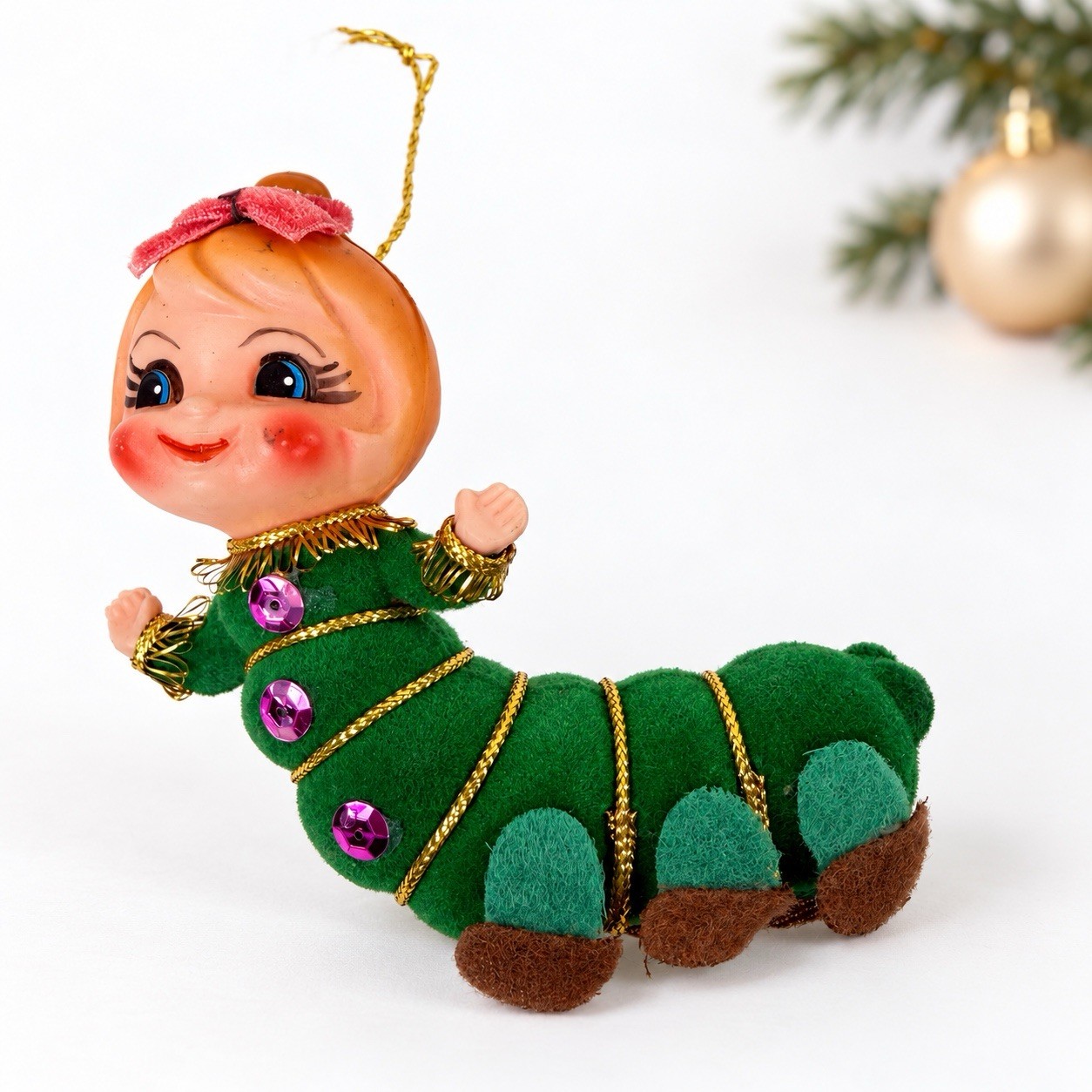 Vintage 1960s Green Flocked Anthropomorphic Pixie Caterpillar Christmas Ornament