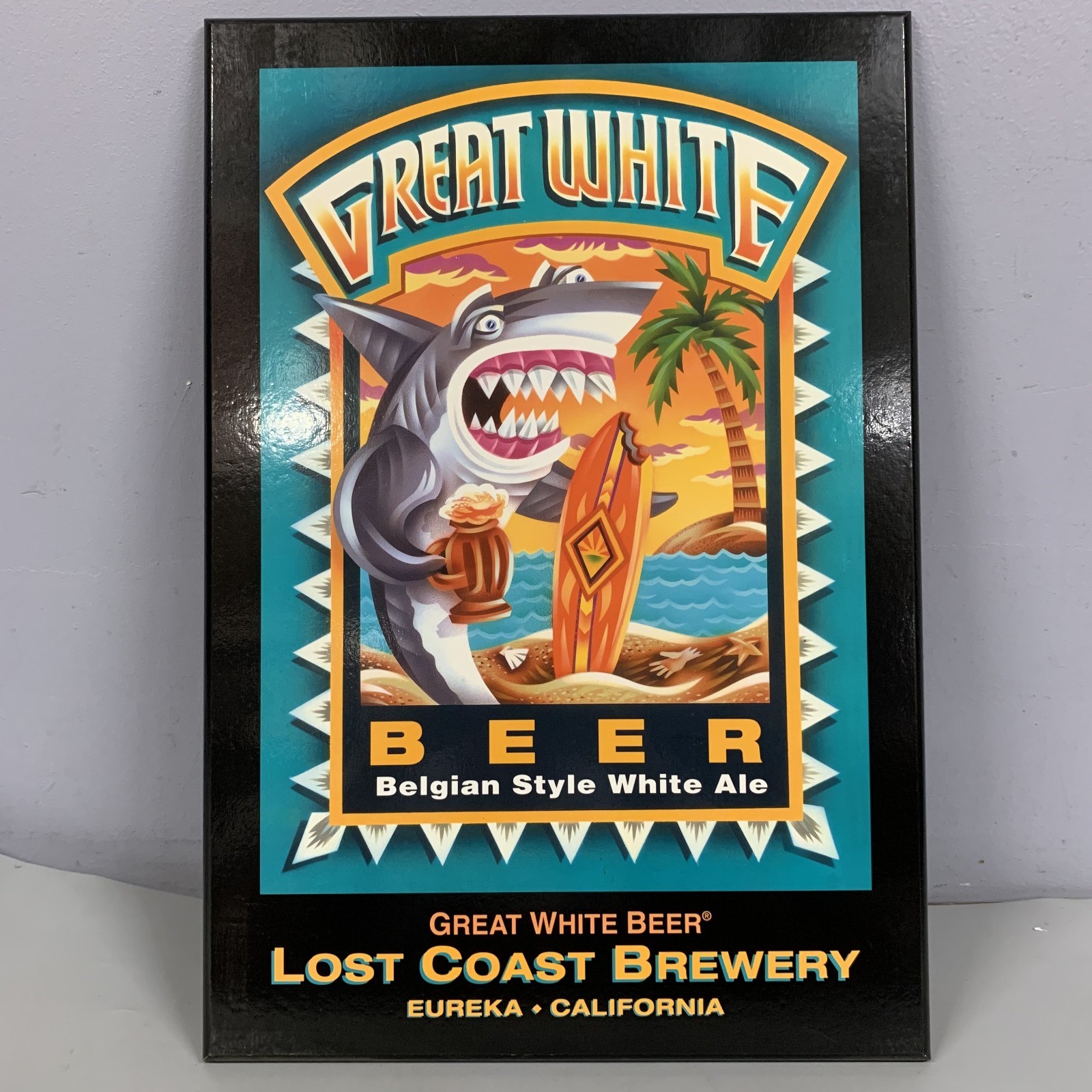 VTG Lost Coast Brewery Art Great White Amber Wood Sign Advertising Distributer