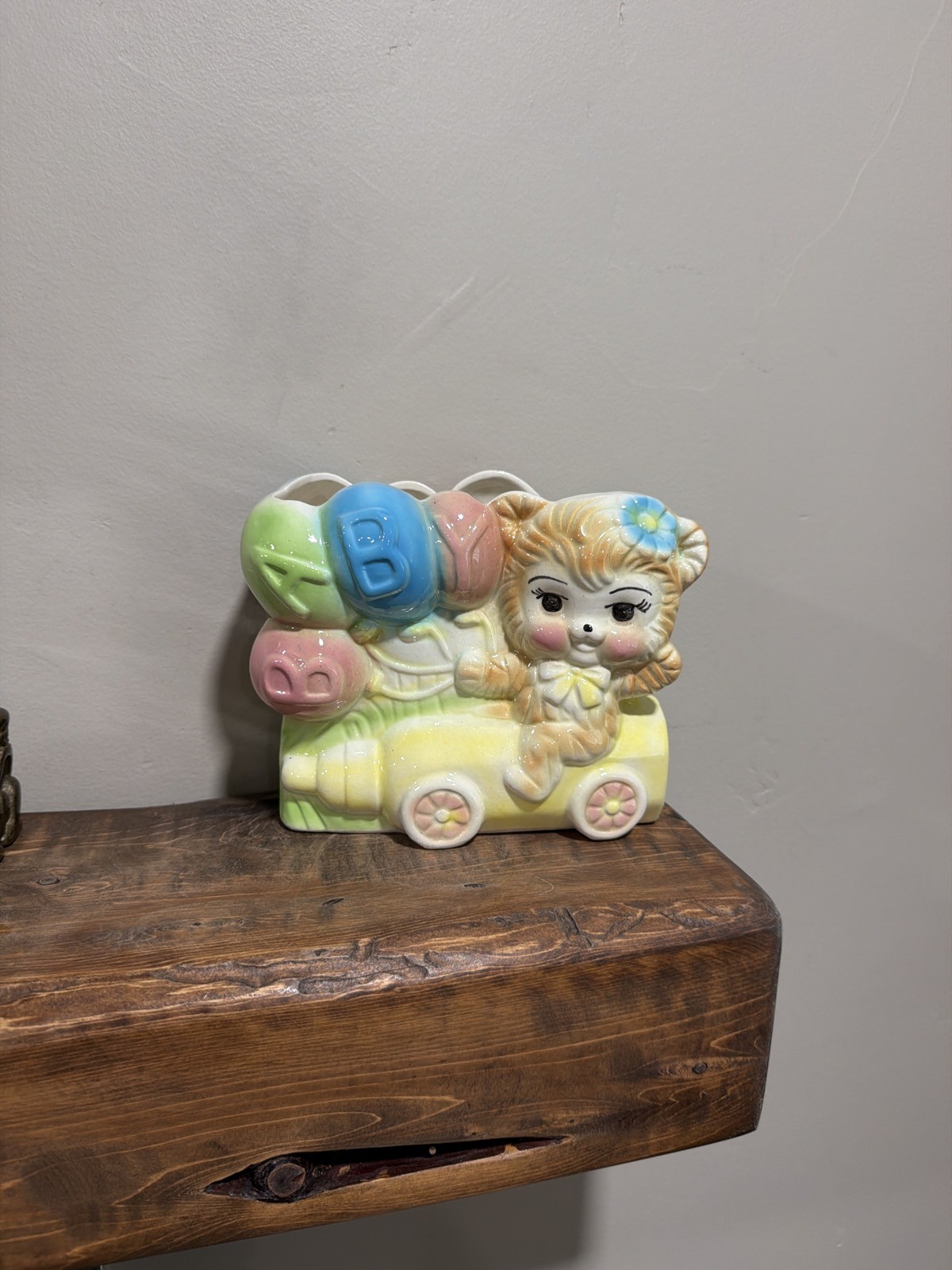 Vintage Ceramic Baby Nursery Planter Pastel Balloons Animal Cart