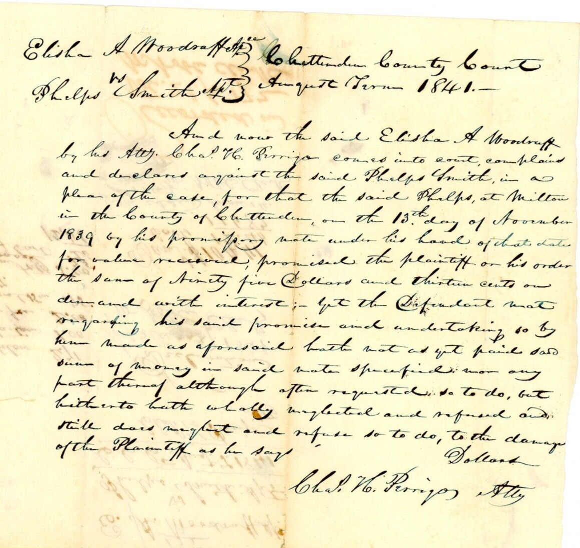 1841 Handwritten Court Document Elisha A Woodruff Phelps W Smith Chittenden VT